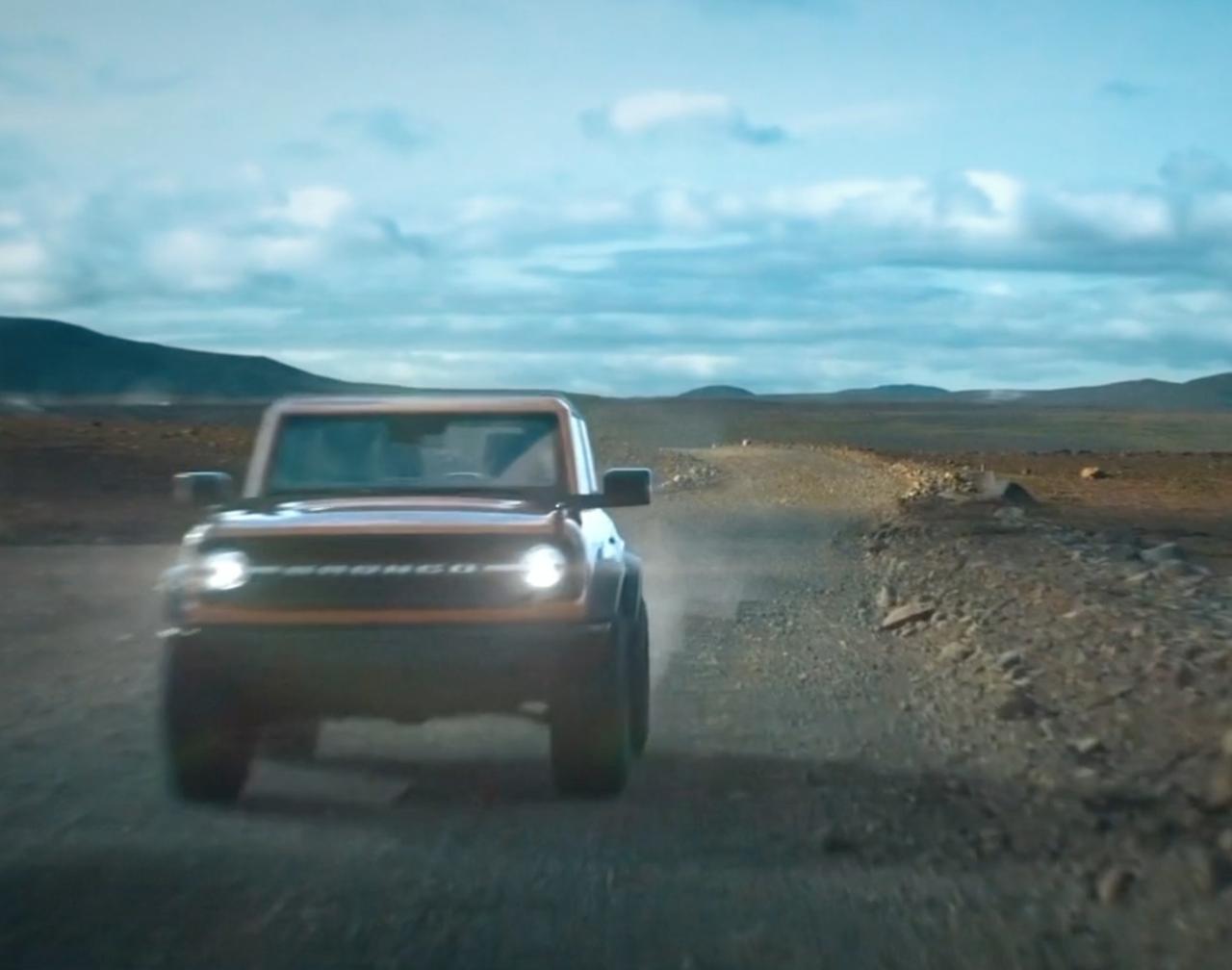 Ford Bronco CGI animation driving through rugged terrain with dramatic lighting
