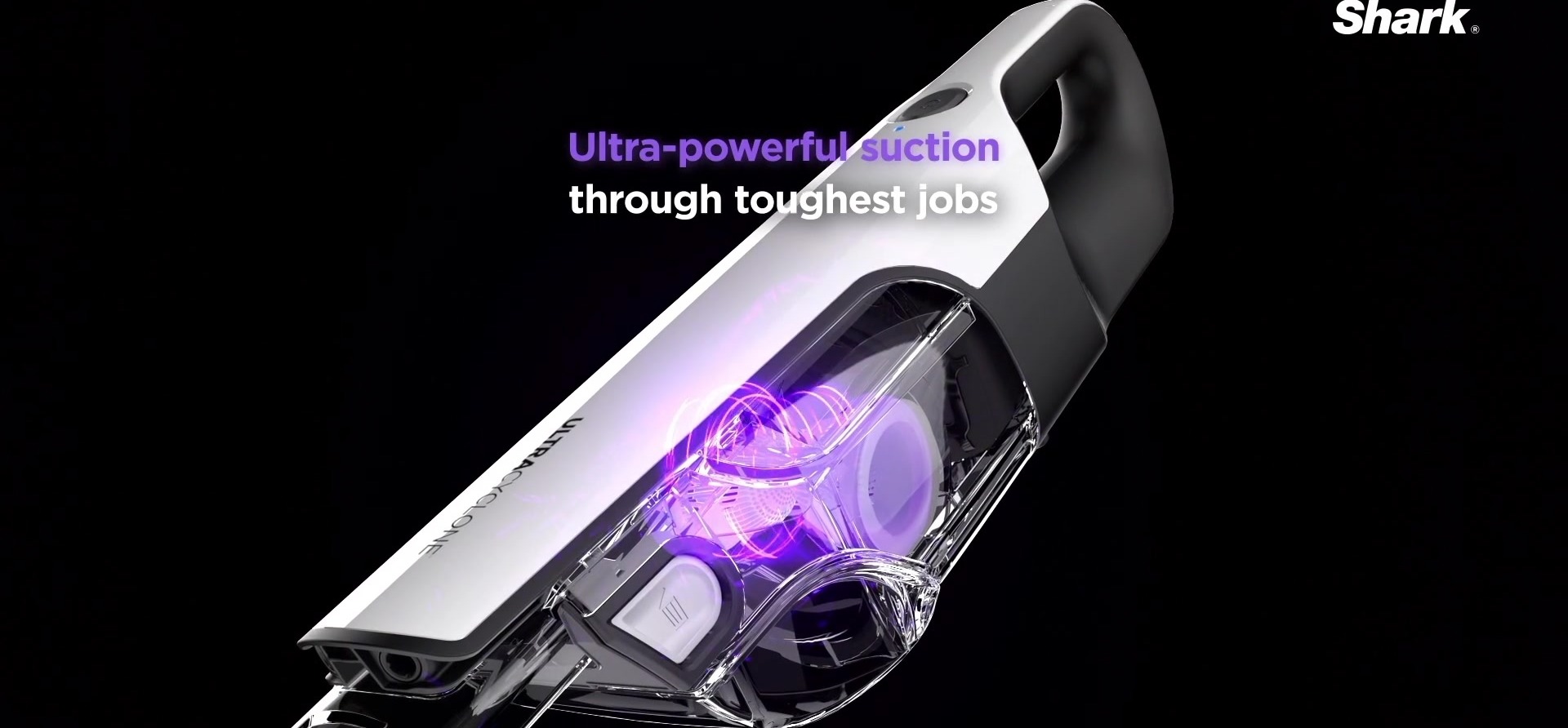 Shark UltraCyclone handheld vacuum CGI product animation with purple UV light