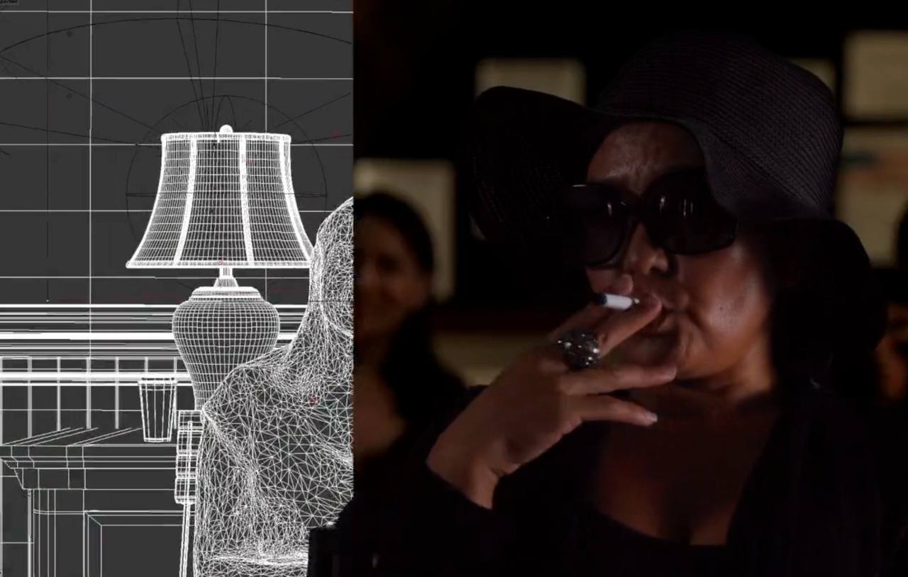 VFX compositing breakdown showing 3D wireframe overlay matched to live-action footage
